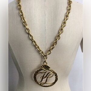 Vintage Karl Lagerfeld Goldtone Logo Medallion Necklace Hip Hop Rapper